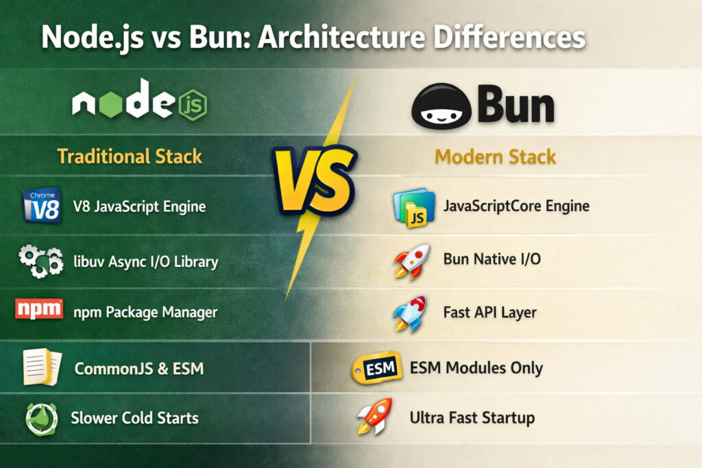 visual comparison of Node.js and Bun architectures