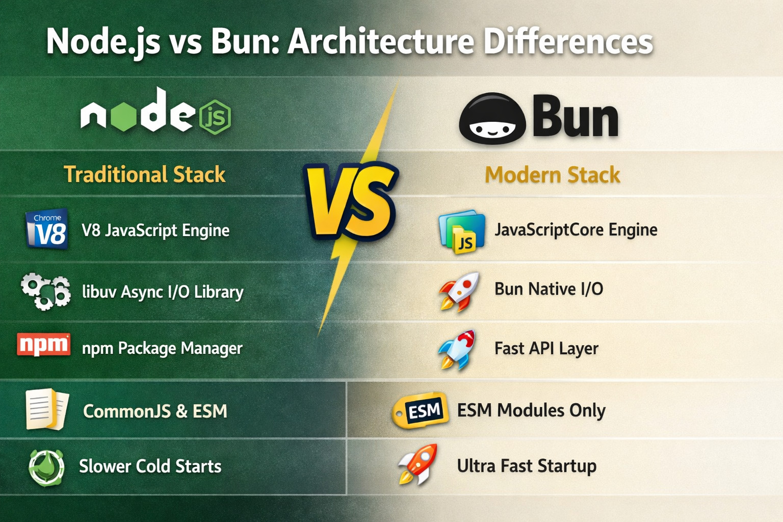 visual comparison of Node.js and Bun architectures