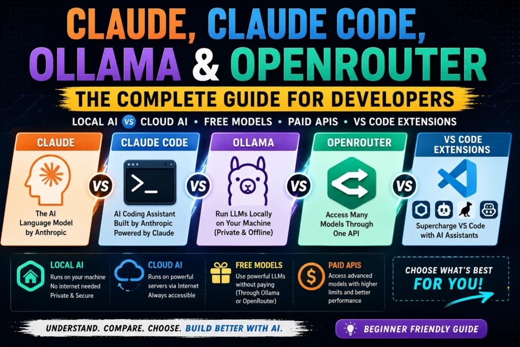 Claude vs Claude Code vs Ollama vs OpenRouter: The Complete Beginner’s Guide to Local and Cloud AI for Developers (2026)